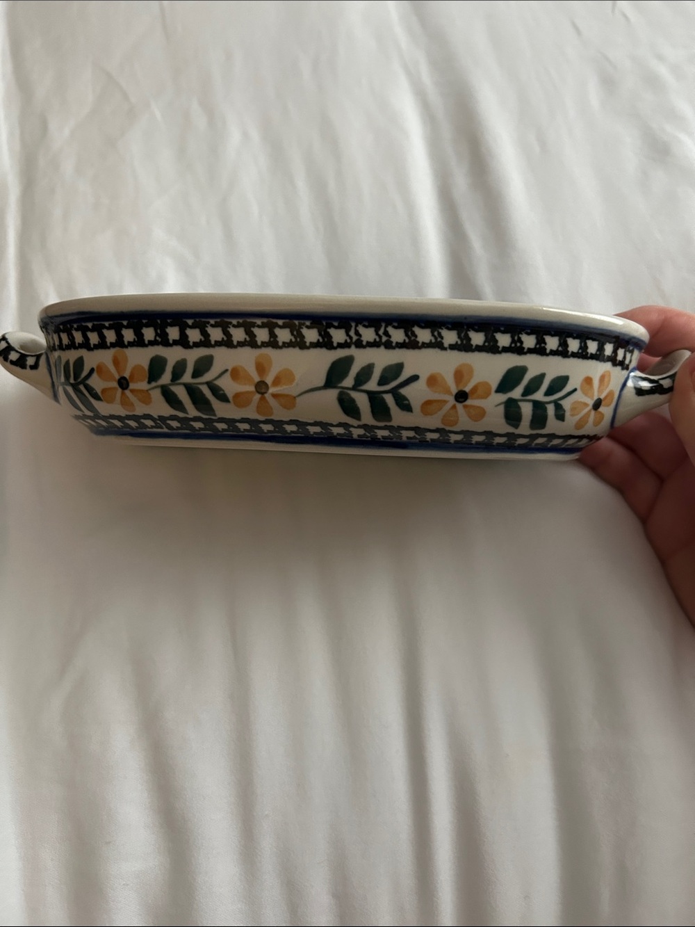 Polish Pottery Hand-Painted Oval Serving Dish in Blue and Yellow - Picture 3 of 5